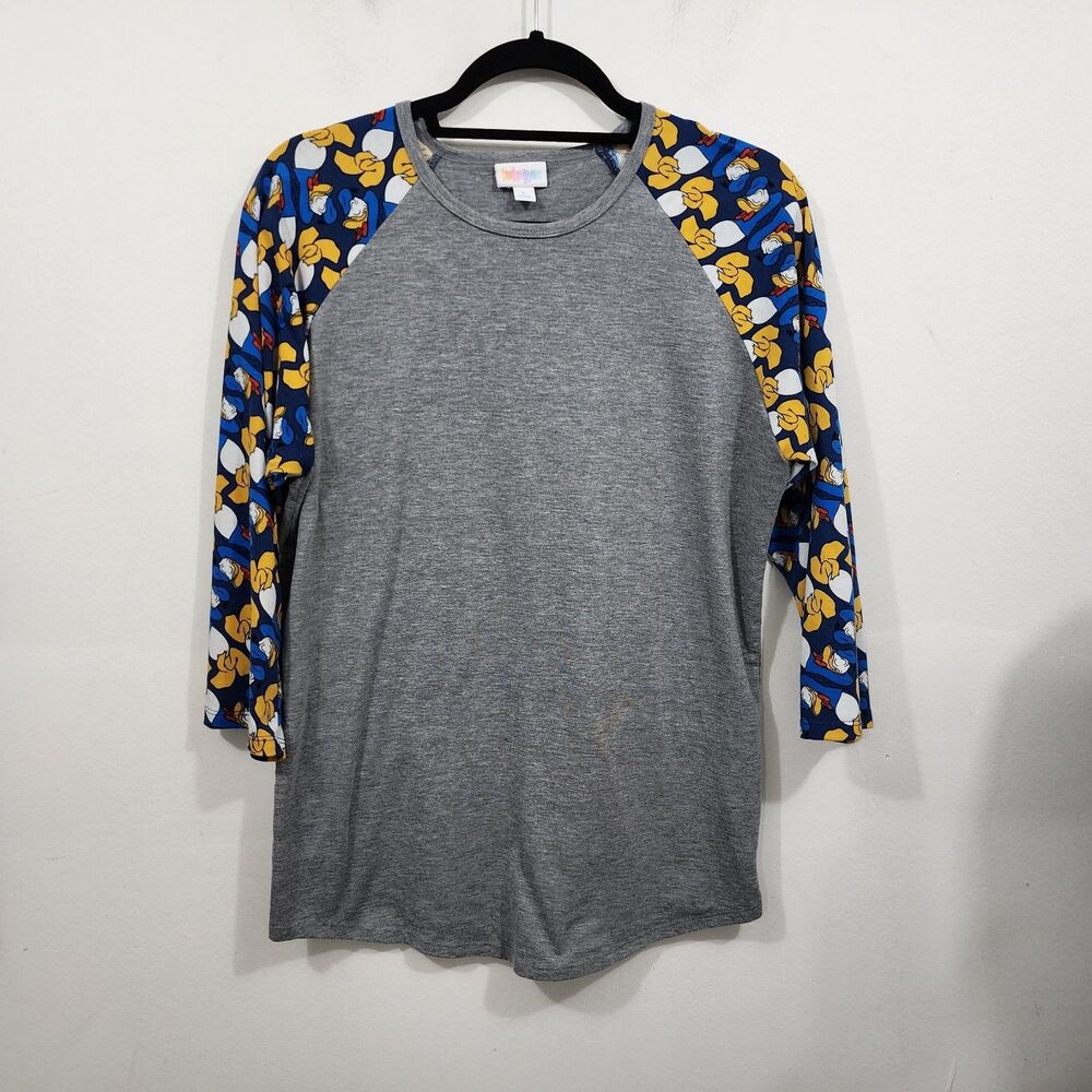 LuLaRoe Disney Donald Duck Randy Gray Blue Raglan Sleeve Shirt Women's Size L